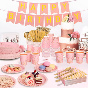 X110 Kit Cumpleaños Vasos Platos Servilletas Desechables Rosa/ Lunares Dorado