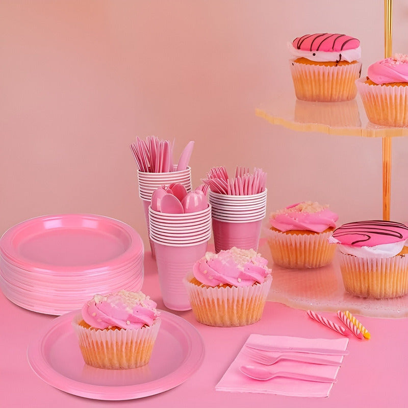 Set Cumpleaños Vasos Servilleta Plato Desechable 20 P/p Rosa Rosa