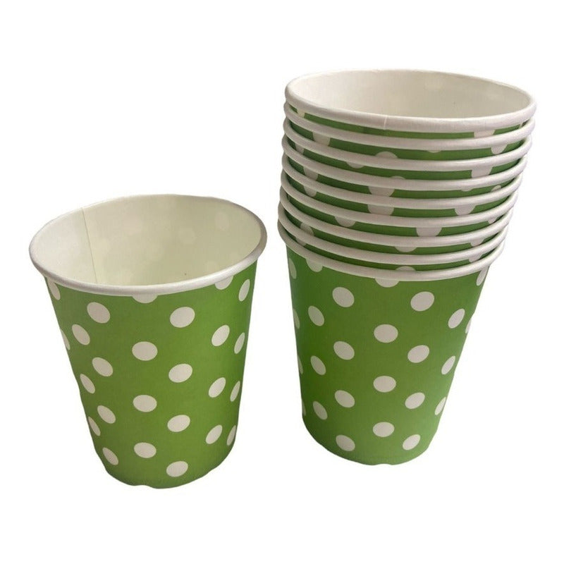 10 Vasos Desechables Decoración Vaso Cumpleaños  Verde 1615 Verde Con Lunares Blancos