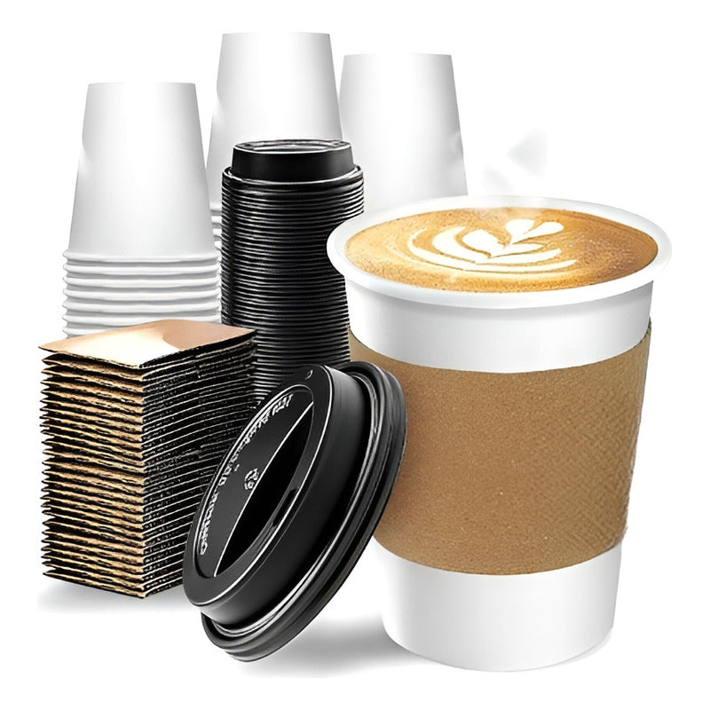 50 Vasos Para Cafe Vasos Polipapel C/tapa+manga 10oz/ 296ml Blanco / Vaso 10oz
