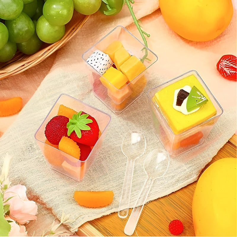 10 Set De Vasos Shot Postres Con Tapa 50 Cucharas Acrílico Transparente 046