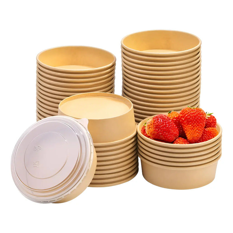 Pack X100 Bowl Con Tapa Bowls Plastico Polipapel Kraft 500cc Color Beige / Bowl Con Tapa 500cc