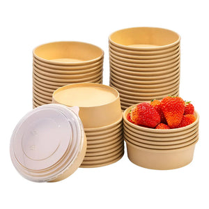 Pack X100 Bowl Con Tapa Bowls Plastico Polipapel Kraft 500cc Color Beige / Bowl Con Tapa 500cc