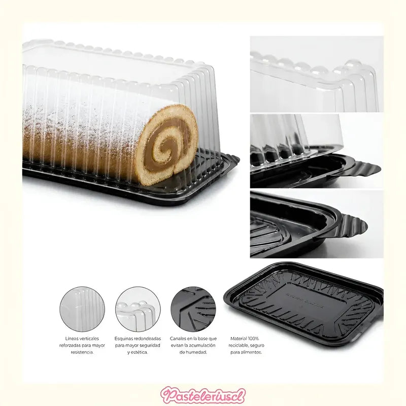 70 Bandejas Para Tortas Porta Brazo De Reina 28x17x11cm Base Y Cúpula Para Rollo Suizo Envase Cúpula Plástica Bandeja... Negro