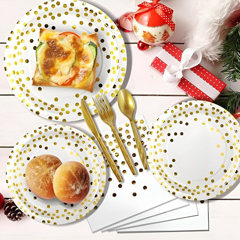 X110 Kit De Cumpleaños Vasos Platos Servilletas Desechables Blanco/ Lunares Dorado