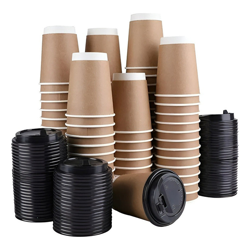 X200 Vasos Desechables Vaso Kraft Doble Pared C/tapa 12oz Marrón Claro / Vaso Kraft Doble Pared 12oz