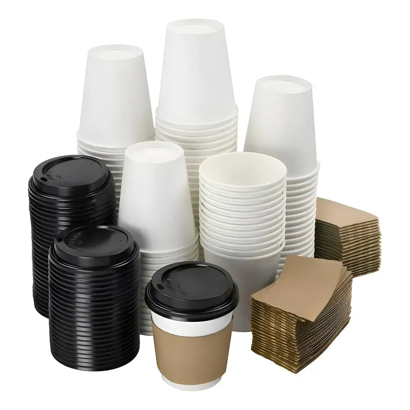 150 Vasos Para Cafe Vasos Polipapel C/tapa+manga 10oz/ 296ml Vasos Desechables Café Vasos Para Cafe Desechable Con Tapa... Blanco / Vaso 10oz