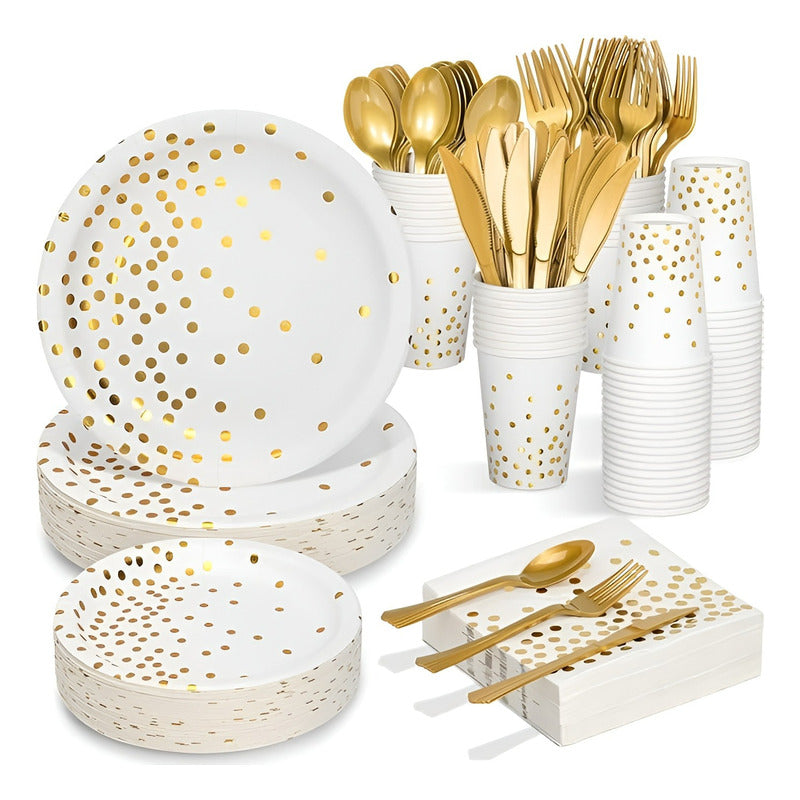 X110 Kit De Cumpleaños Vasos Platos Servilletas Desechables Blanco/ Lunares Dorado