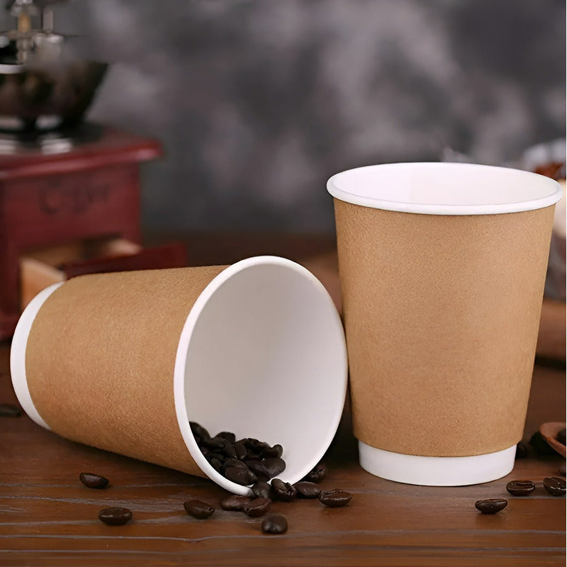 Set 100 Vasos Desechables Kraft Vaso Doble Pared C/tapa 12oz Marrón Claro / Vaso Kraft Doble Pared 12oz