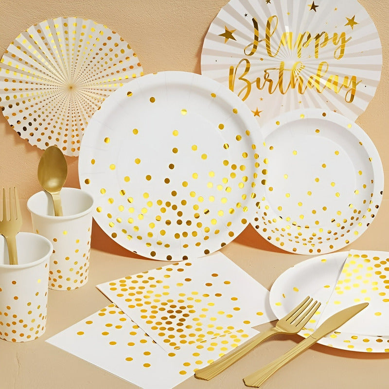X110 Kit De Cumpleaños Vasos Platos Servilletas Desechables Blanco/ Lunares Dorado