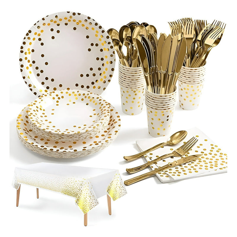 X110 Kit De Cumpleaños Vasos Platos Servilletas Desechables Blanco/ Lunares Dorado