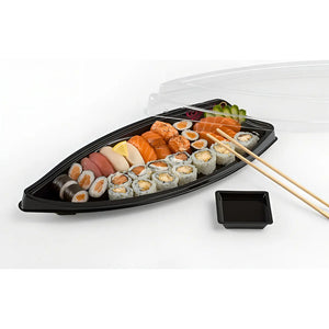 100 Envases Barcos De Sushi Bandeja C/tapa Barco Para Sushi Barco Sushi Plastico Envase Desechable Forma Barco Para Sushi C/tapa Bandejas Envase Comida Japonés Envase Delivery Envases Pasteleriuscl
