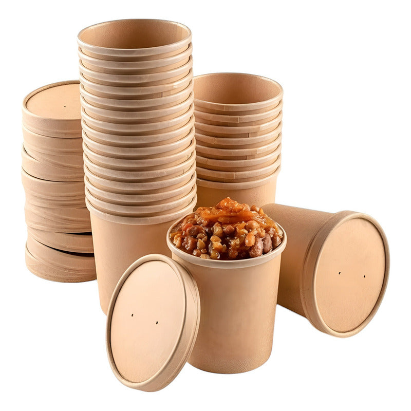 Set X50 Pote Kraft Contenedor De Alimentos Potes C/tapa 32oz