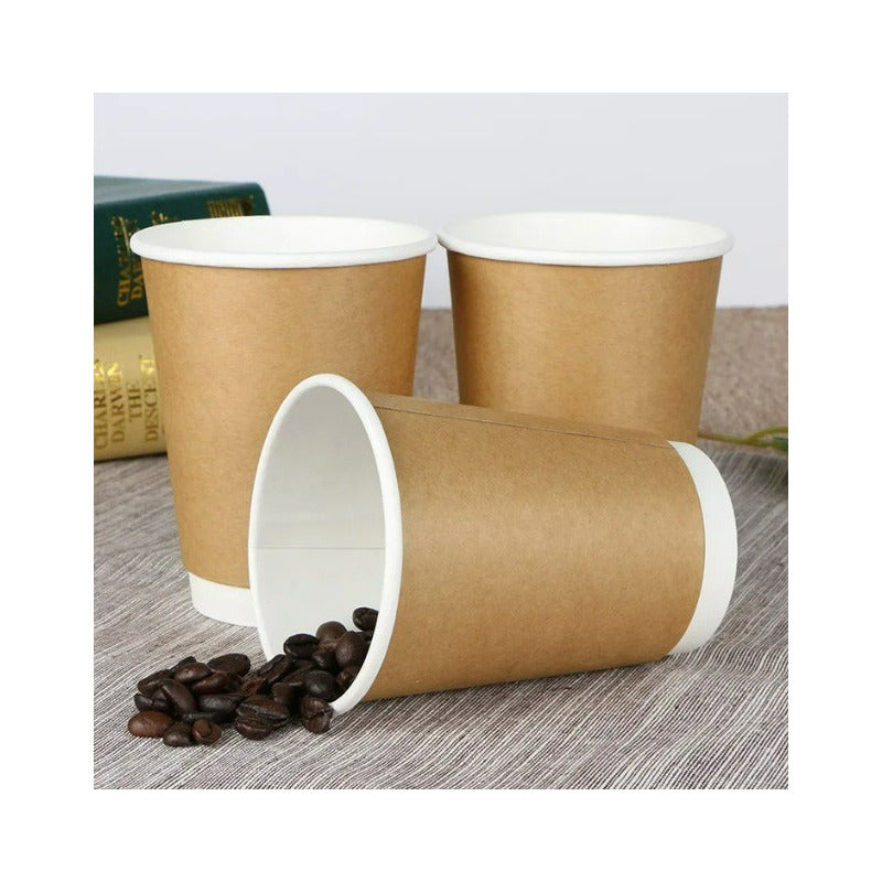 Set 100 Vasos Desechables Kraft Vaso Doble Pared C/tapa 12oz Marrón Claro / Vaso Kraft Doble Pared 12oz