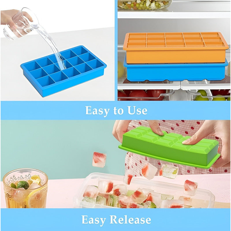 Pack X4 Cubetas De Hielo Cubetera Hielo Moldes C/tapa 15cav Multicolor / Cubetas Silicona / Con Tapa