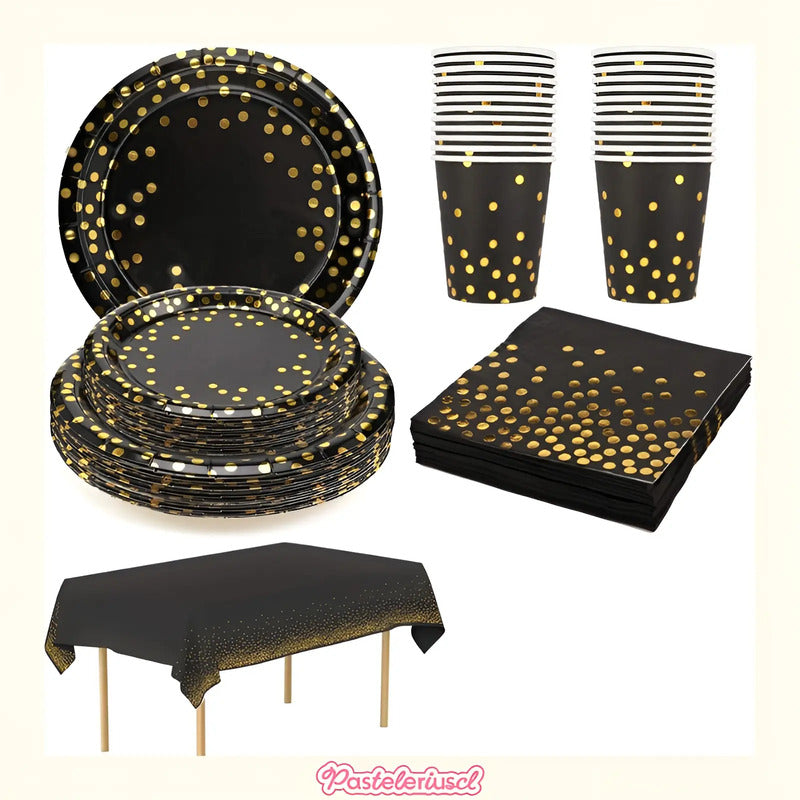 Set Vajilla Desechable Para Celebración Decoración 111pcs Negro/ Lunares Dorado Lunares