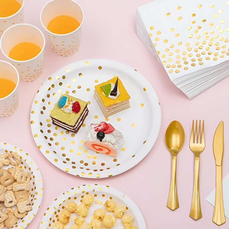 X110 Kit De Cumpleaños Vasos Platos Servilletas Desechables Blanco/ Lunares Dorado