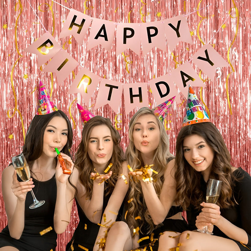 Guirnalda Cortina Metalica Cortina Decorativa Cumpleaños Rosa Gold 111574