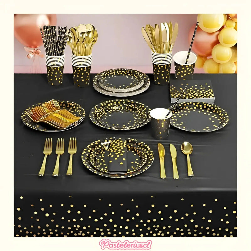 X111 Kit Cumpleaños Vasos Platos Servilletas Desechables Negro/ Lunares Dorado