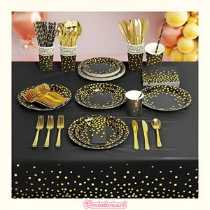 X111 Kit Cumpleaños Vasos Platos Servilletas Desechables Negro/ Lunares Dorado