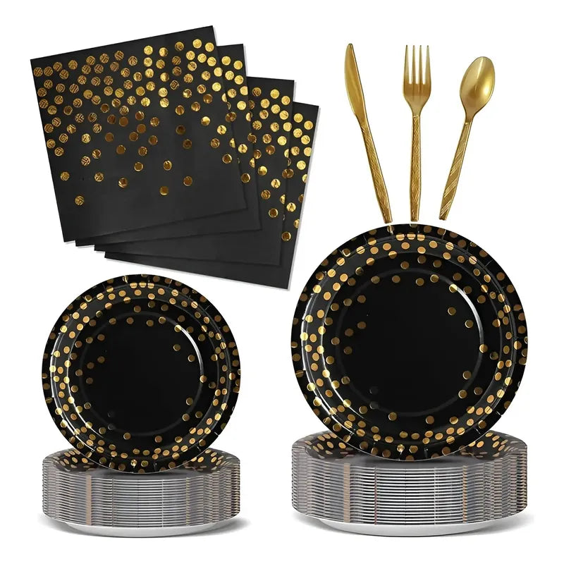 X111 Kit Cumpleaños Vasos Platos Servilletas Desechables Negro/ Lunares Dorado