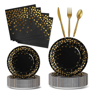 111 Kit Cumpleaños Vasos Plato Servilleta Desechables Negro Negro/ Lunares Dorado
