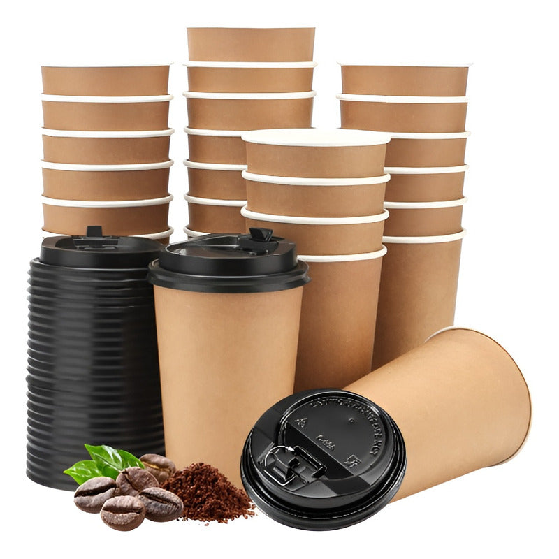 50 Vaso Kraft Vasos Para Cafe Vaso Papel Kraft C/tapa 12oz Marrón Claro / Vaso Doble Pared 12oz