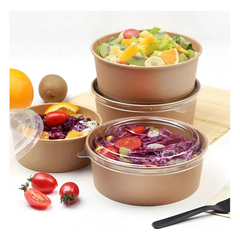 Pack X100 Bowl Con Tapa Bowls Plastico Polipapel Kraft 500cc Color Beige / Bowl Con Tapa 500cc