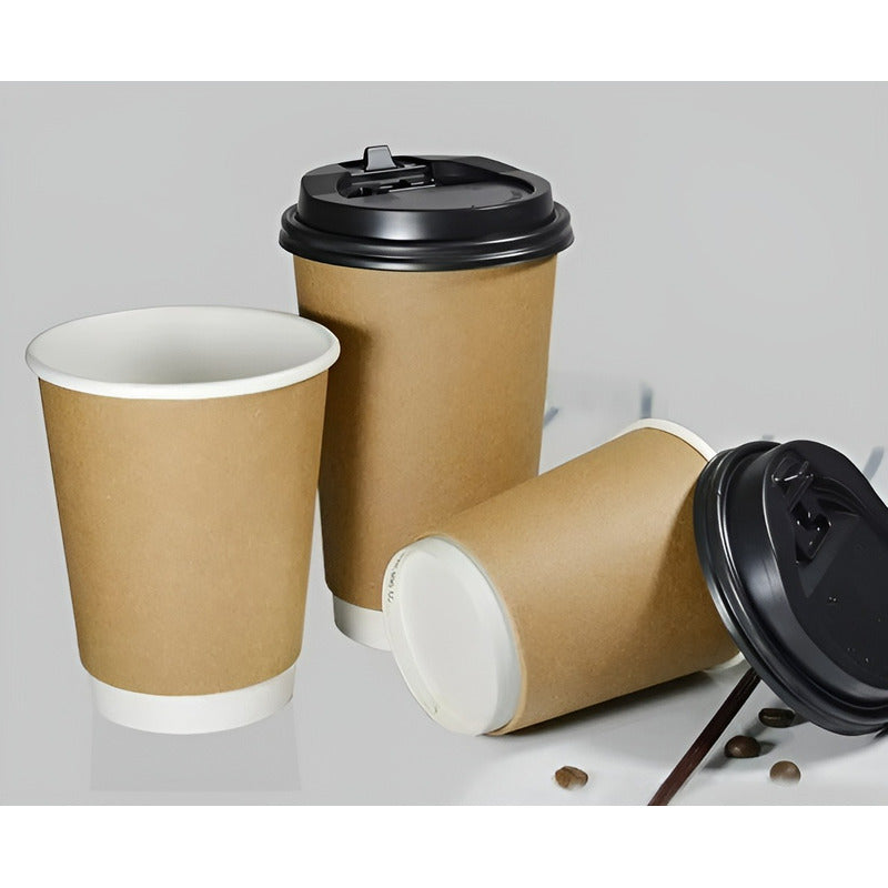 25 Vasos Desechables Vaso Cafe Kraft Doble Pared C/tapa 12oz Marrón Claro / Vaso Kraft Doble Pared 12oz
