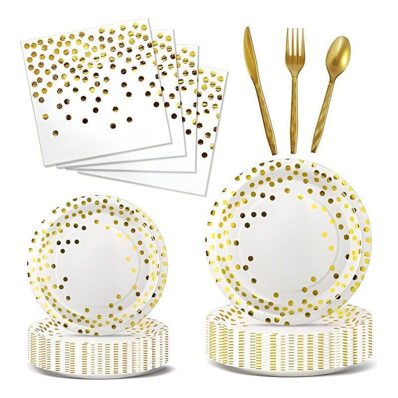 X110 Kit De Cumpleaños Vasos Platos Servilletas Desechables Blanco/ Lunares Dorado