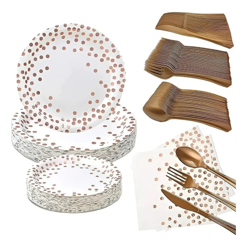X111 Kit Cumpleaños Vasos Platos Servilletas Desechables Blanco/ Lunares Rosado