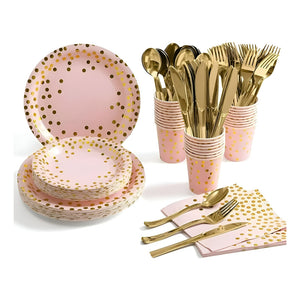 X110 Kit Cumpleaños Vasos Platos Servilletas Desechables Rosa/ Lunares Dorado