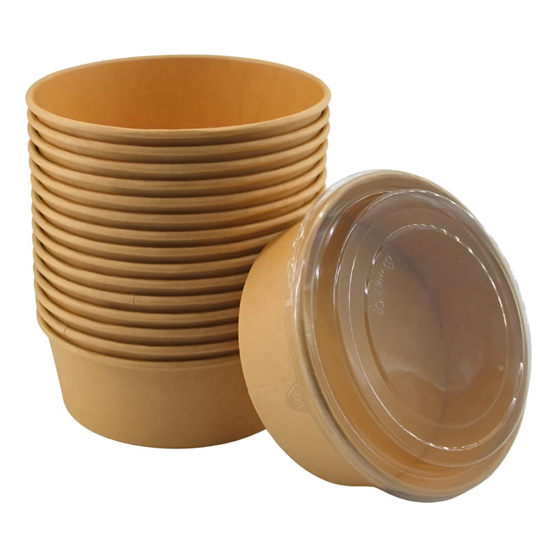 Pack X200 Bowls Plastico Bowl Con Tapa Polipapel Kraft 500cc Beige / Bowl Con Tapa 500cc