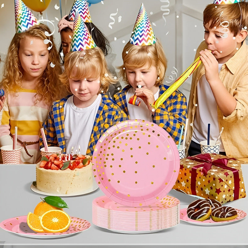 X110 Kit Cumpleaños Vasos Platos Servilletas Desechables Rosa/ Lunares Dorado