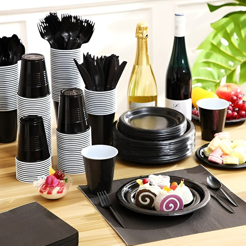 Set Cumpleaños Vasos Servilletas Platos Desechables 20 P/p Negro