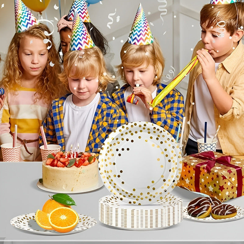 X110 Kit De Cumpleaños Vasos Platos Servilletas Desechables Blanco/ Lunares Dorado