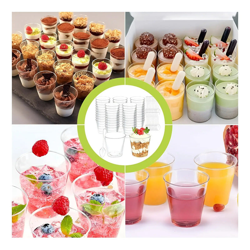 Set X100 Vasos Postres + 100 Cucharas Postres Desechables Trasnparente / Vasos Postres Y Cucharas