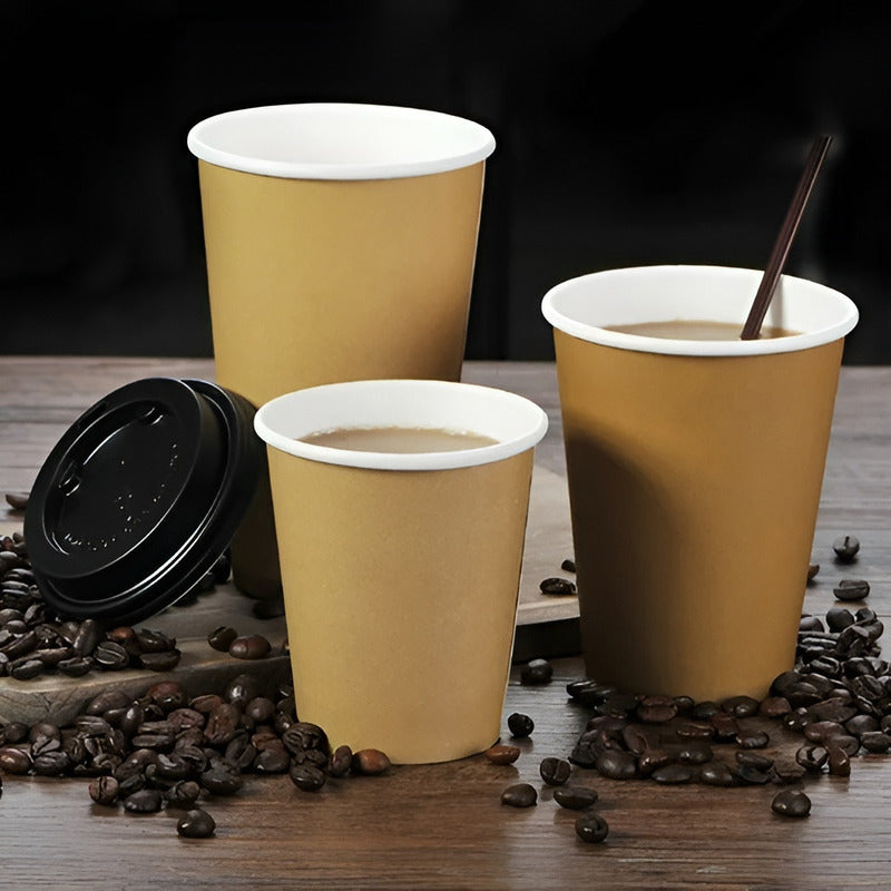 100 Vasos Kraft Vaso Para Cafe Vaso Kraft Papel C/tapa 12oz Marrón Claro / Vaso Doble Pared 12oz