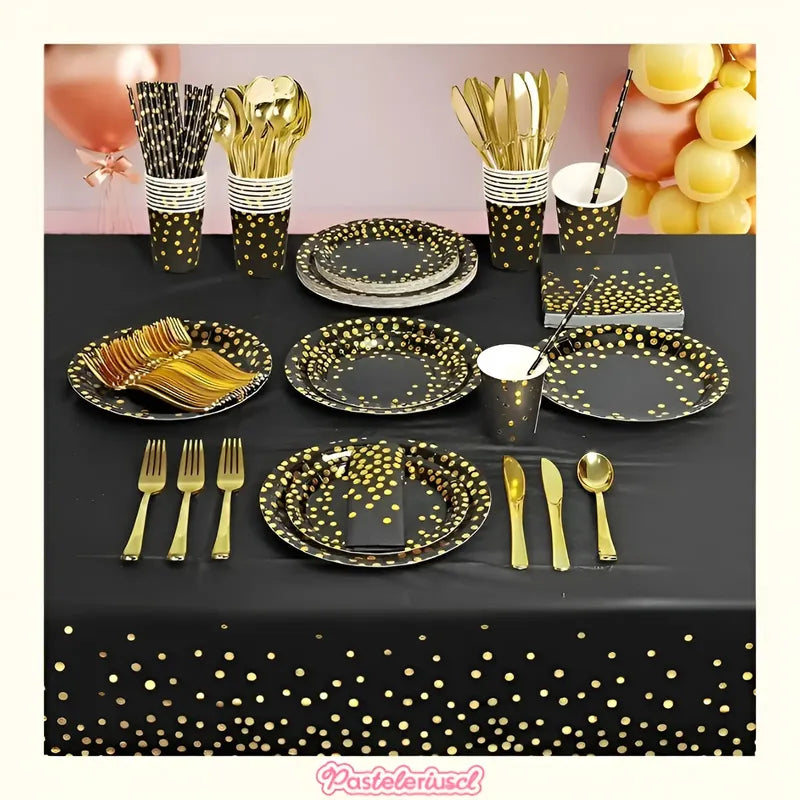 X111 Kit Cumpleaños Vasos Platos Servilletas Desechables Negro/ Lunares Dorado