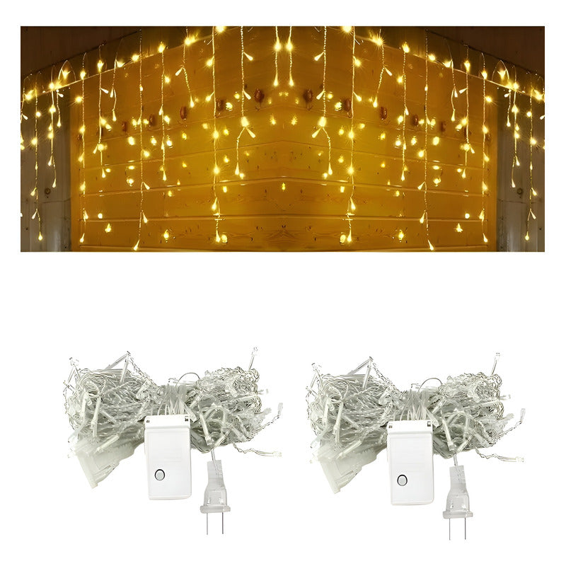 2 Cascadas Luces Exterior Guirnalda De 100 Luces Led Cortina Amarillo