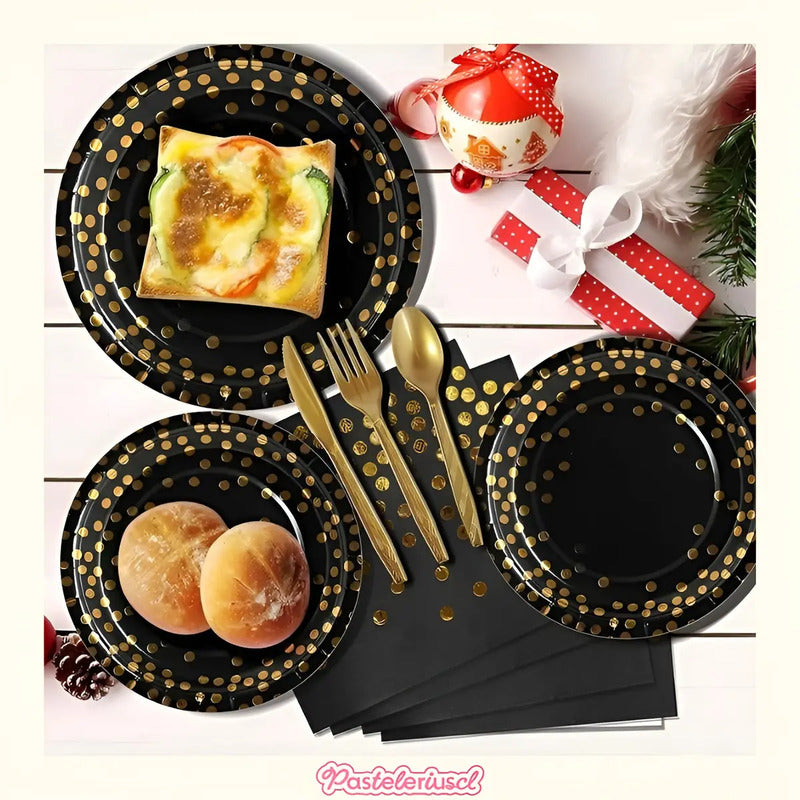 Set Vajilla Para Celebración Decoración 111pcs Kit Cumpleaños Vasos Platos Servilletas Decoraciones De Fiesta De... Negro Lunares