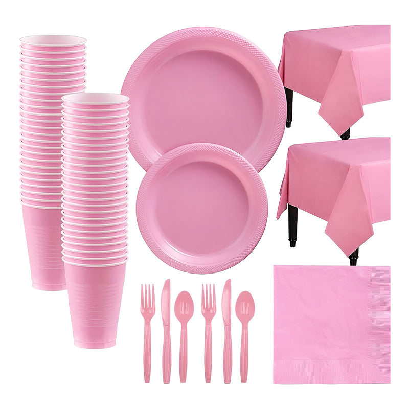 Set Cumpleaños Servilletas Vasos Platos Desechables 20 P/p Rosa