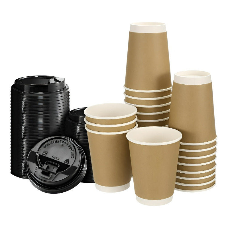 50 Vasos Cafe Kraft Vaso Desechables Doble Pared C/tapa 12oz Marrón Claro / Vaso Kraft Doble Pared 12oz